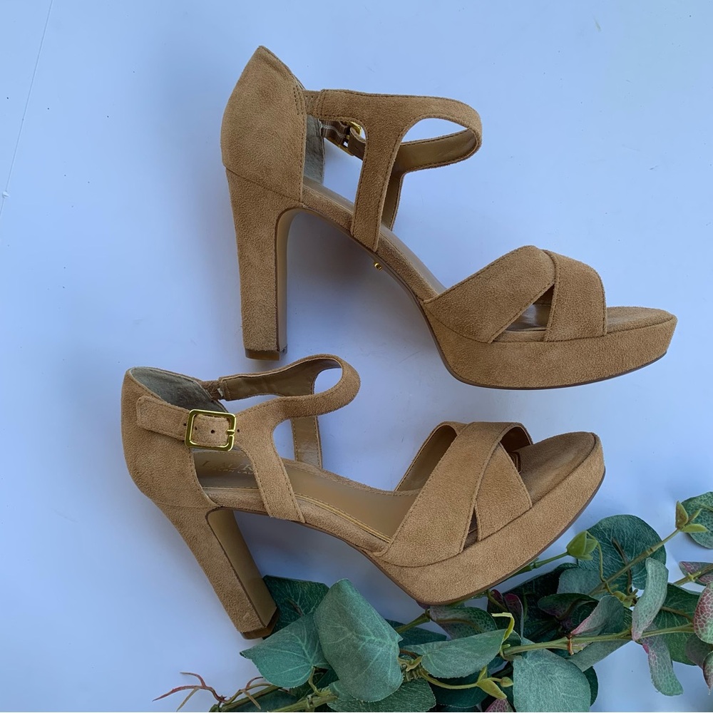 Ralph Lauren Senica Platform Sandal Heels in Tan Suede
